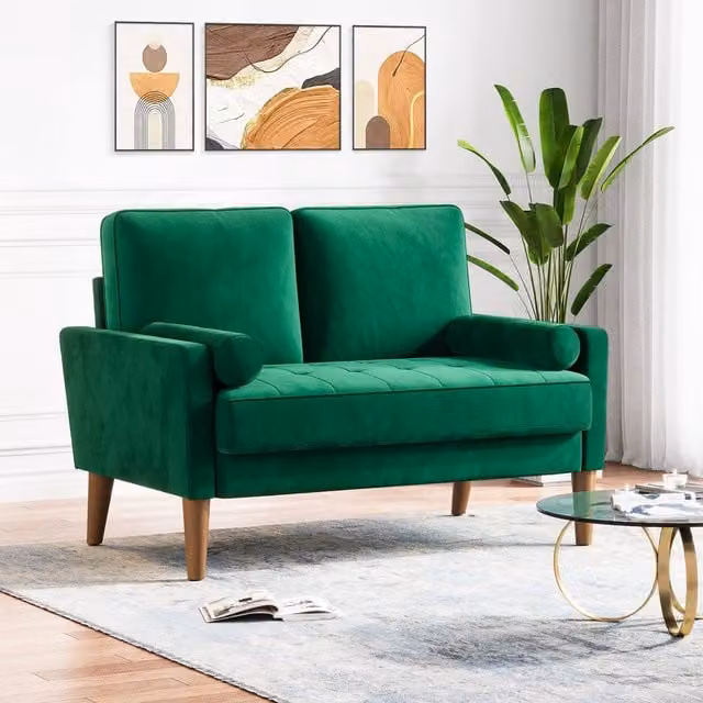 Dprodo Green Velvet Love Seat Couch with 2 Scatter Cushions, Width: 121 cm