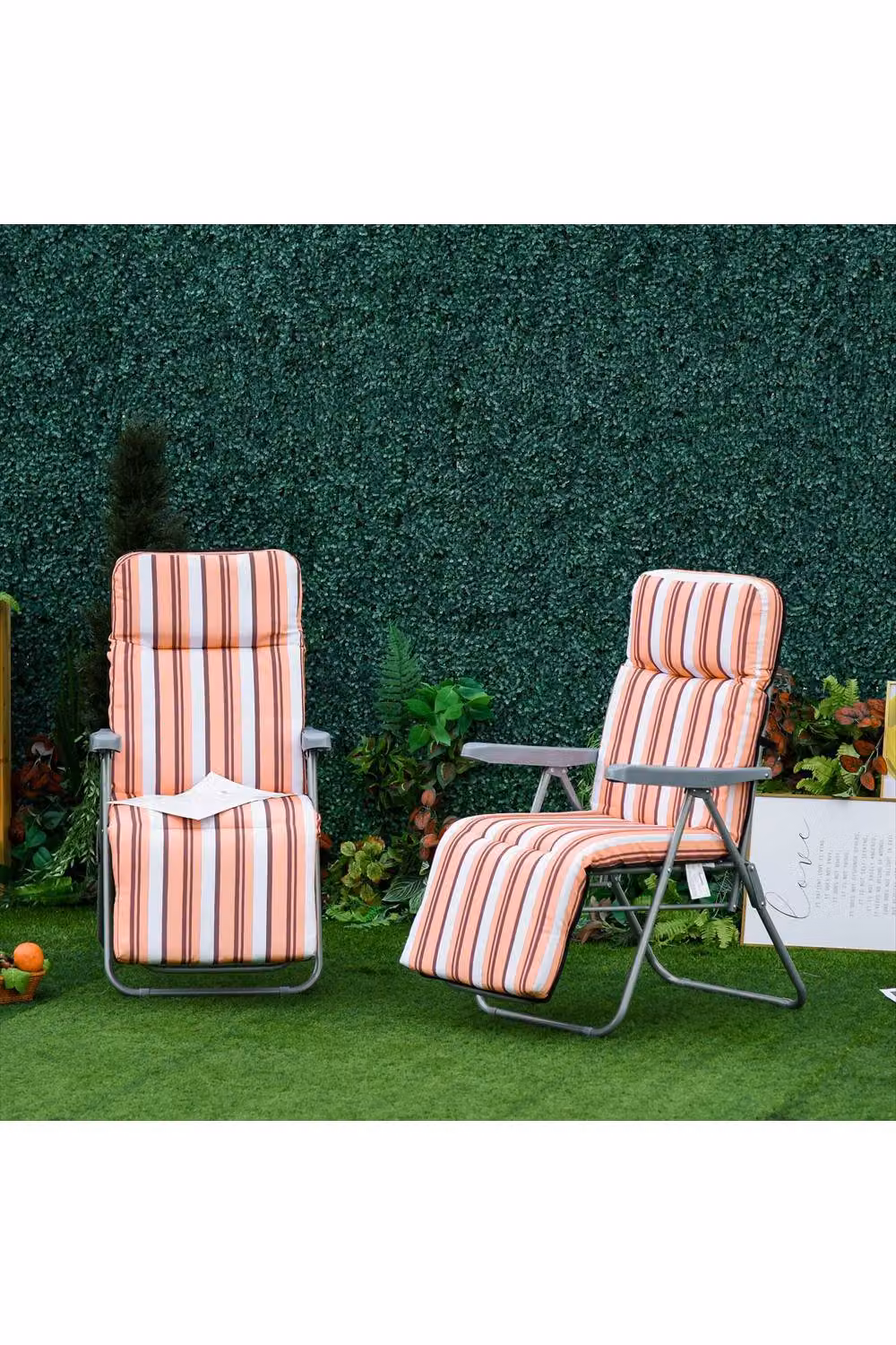 ERGOVEXA Set of 2 Reclining Garden Chairs in Orange Striped UV-Resistant Fabric with Adjustable Headrests and Armrests – 2