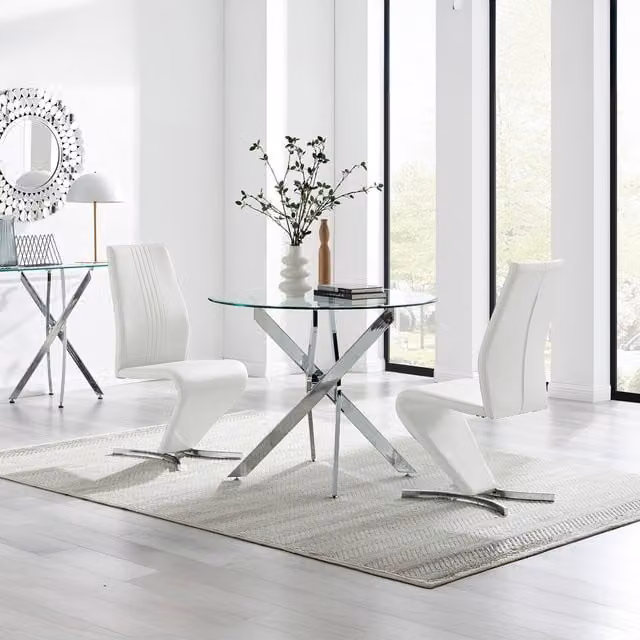 FurnitureboxUK Novara Round Glass Dining Table and 2 Willow Chairs in White, Diameter: 100 cm