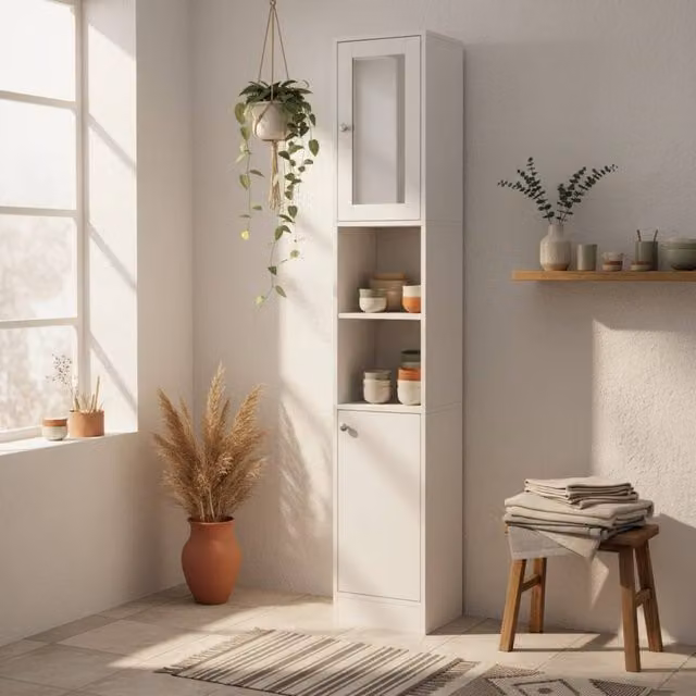 Wyld Haus Sokana Tall Freestanding White Bathroom Cabinet with Mirror and Shelves