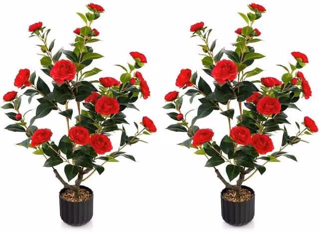 Costway Artificial Camellia Tree Faux Flower Plant in Red Cement Pot – 1