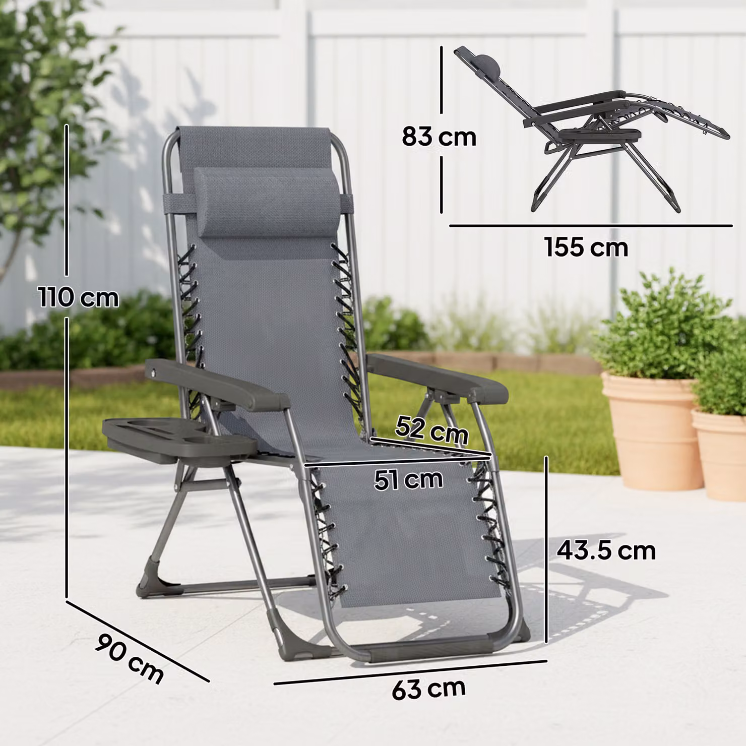 Outsunny Set of 2 Zero Gravity Reclining Garden Sunloungers in Dark Grey with Adjustable Headrest and Cup Holders – 3