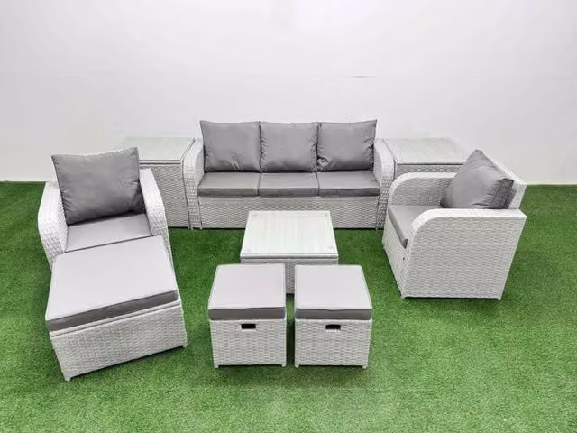 Fimous PE Rattan Garden Furniture Set in Light Grey with Reclining Sofa, Coffee Table, Side Tables, Stools and Matching Ottoman