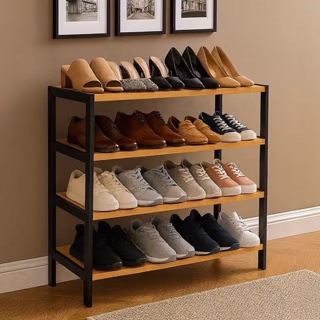 Neo 4-Tier Bamboo Shoe Rack Wooden Shoe Storage Organiser for Hallway - Black/Brown, W/D/H: 70 x 25 x 67 cm