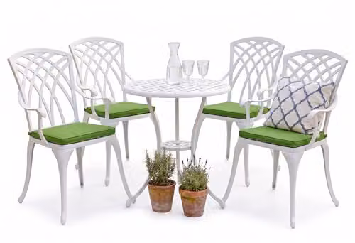 Centurion OSHOWA 5-Piece Cast Aluminium Bistro Set in White with 4 Green Cushions, featuring a Round Table and 4 High-Back Armchairs
