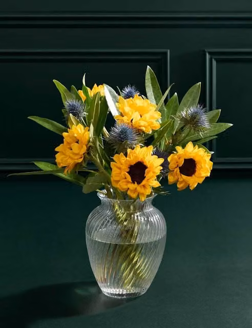 M&S Flower Market Sunflower Abundance Floral Bouquet with Glass Vase in Yellow, Blue and Green