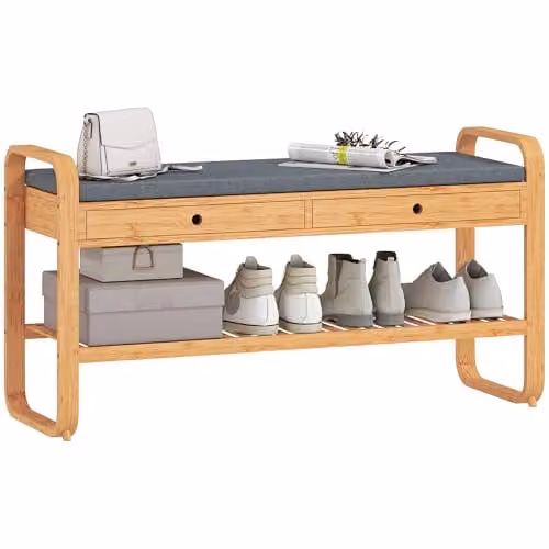 HOMCOM Shoe Bench with 2 Drawers in Natural Wood Finish and Grey, W/D/H: 105 x 33.2 x 55 cm