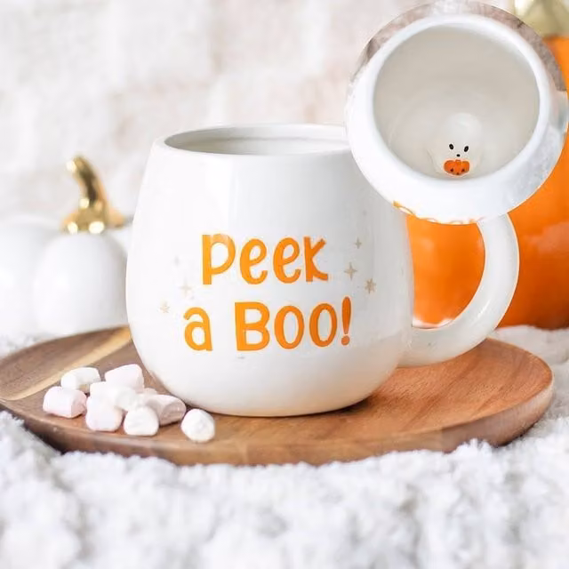 Uniqueful Peekaboo Ghost Rounded Ceramic Mug in White, 550ml