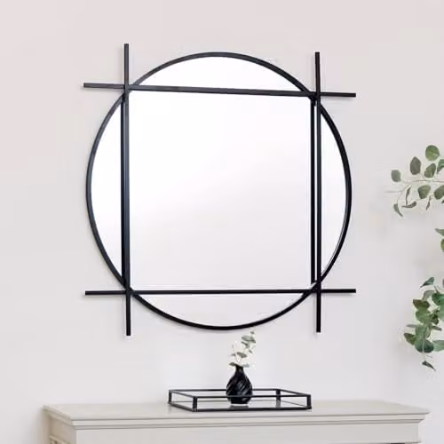 Melody Maison Large Round Black Art Deco Wall Mirror, Diameter: 97 cm