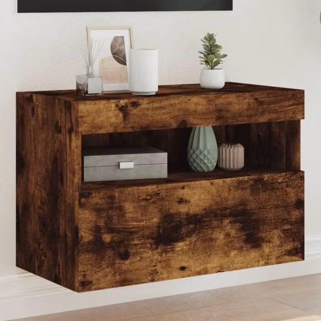 Berkfield Home Modern Wall Mounted TV Cabinet with Integrated LED Lights in Smoked Oak Brown, W: 60 cm, D: 30 cm, H: 40 cm