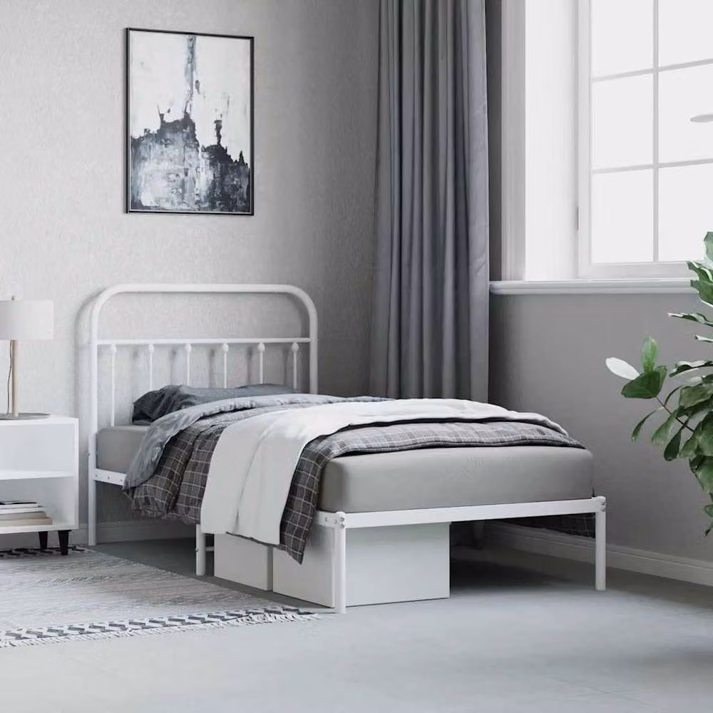 Berkfield Home Metal Bed Frame with Headboard in White W/D/H: 100 x 190 x 105 cm – 3