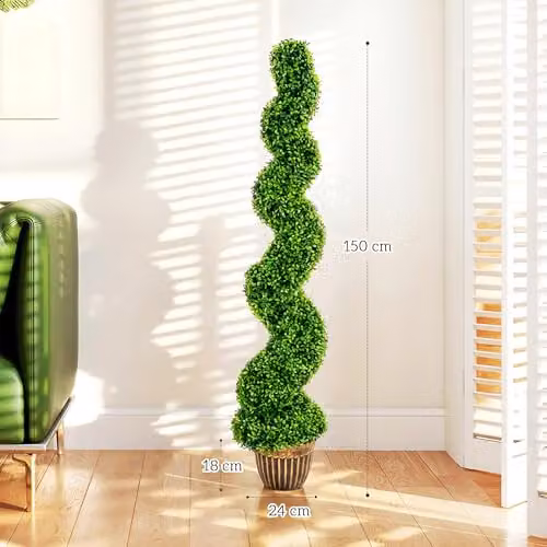 HOMCOM Set of 2 Green Artificial Topiary Spiral Boxwood Trees in Pots, H 150 cm x W 26 cm x D 26 cm – 6