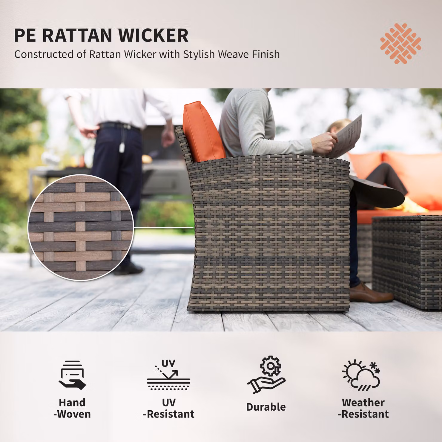 Outsunny 6 Piece Rattan Garden Furniture Set with Orange Cushions and Storage Tea Table – 4