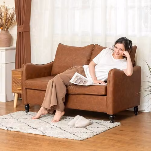 HOMCOM Modern 2 Seater Sofa in Brown Synthetic Leather with Rubberwood Legs – 3