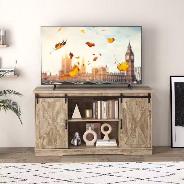 Costway Rustic Brown Wood Sliding Barn Door TV Stand