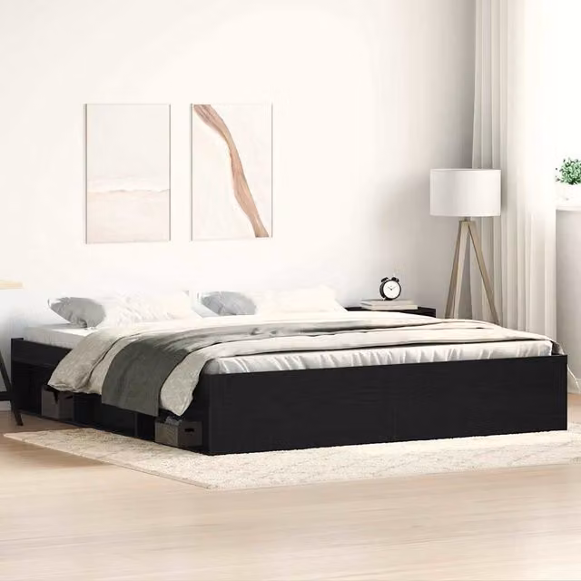Berkfield Home Black Oak Bed Frame with Side Compartments in Brown, W/D/H: 200 x 200 cm – 1