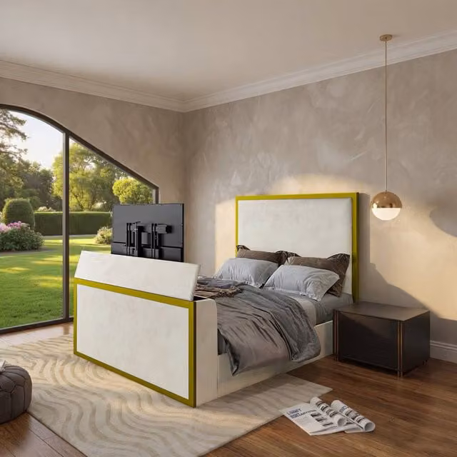 KDMD Adsborough Upholstered Electric Media TV Bed Frame in Gold and White, Small Double