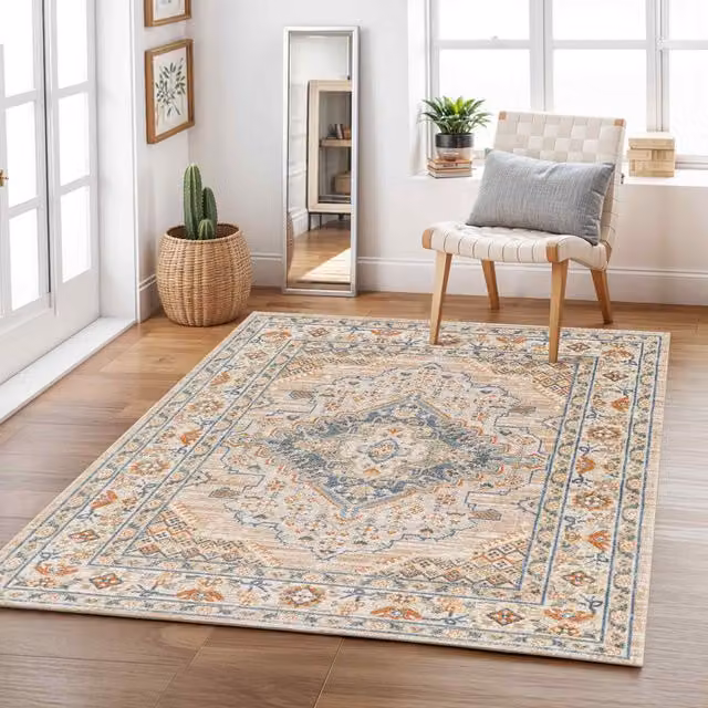 Livabliss Lilian Washable Vintage Boho Living and Dining Room Rug in Brown and Blue, W: 80 cm, L: 220 cm