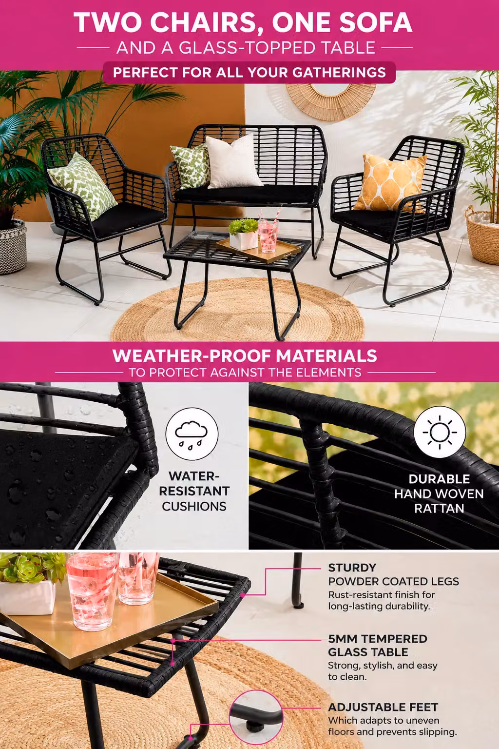 Neo 4 Piece Wicker Bamboo Style Garden Sofa, Table and Chairs Set in Black – 2