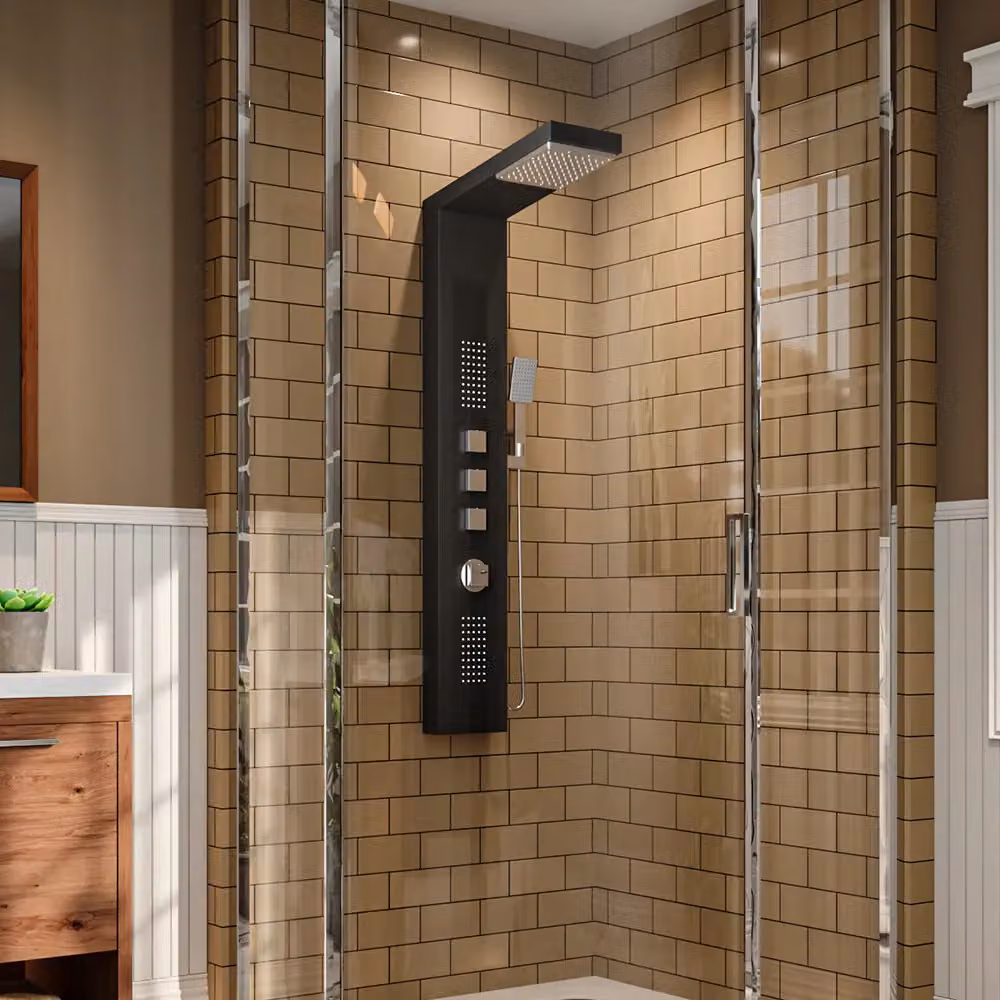 Livingandhome Matt Black Exposed Stainless Steel Shower Tower Panel with Rain and Massage Overhead and Hand Shower, H: 135.0 cm x W: 20.0 cm x D: 6.5 cm – 2