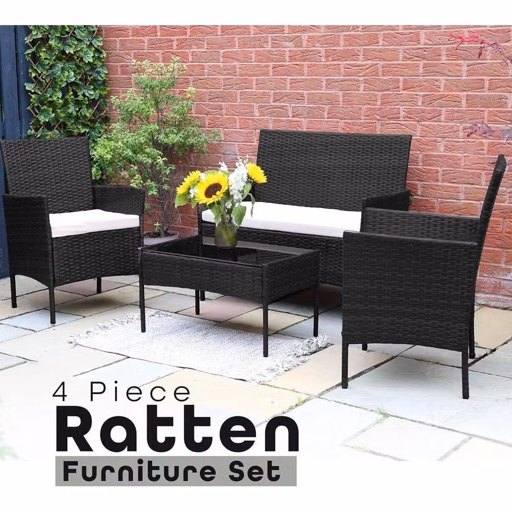 SPETLEK 4-Piece Black Polyrattan Garden Furniture Set with Upholstered Cushions – 3