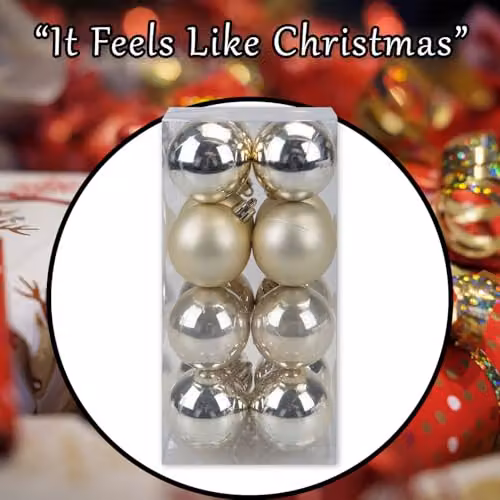VFM e-Store Set of 16 Round Christmas Bauble Hanging Tree Ornaments in Champagne Gold and Beige, 5 cm – 7