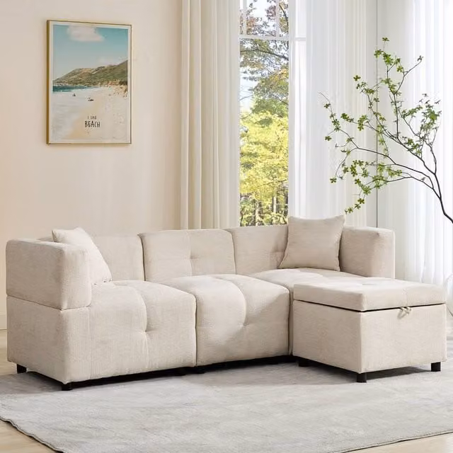 ModernLuxe Beige L-Shape 3 Seater Fabric Sofa with Matching Ottoman and Scatter Cushions – 1