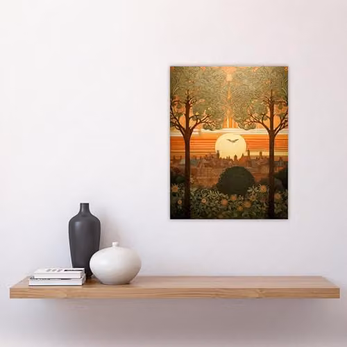 Artery8 Art Nouveau Autumn Village Sunset Unframed Paper Wall Art Print Poster, Multicolour, W: 30.5 cm, H: 40.5 cm – 4