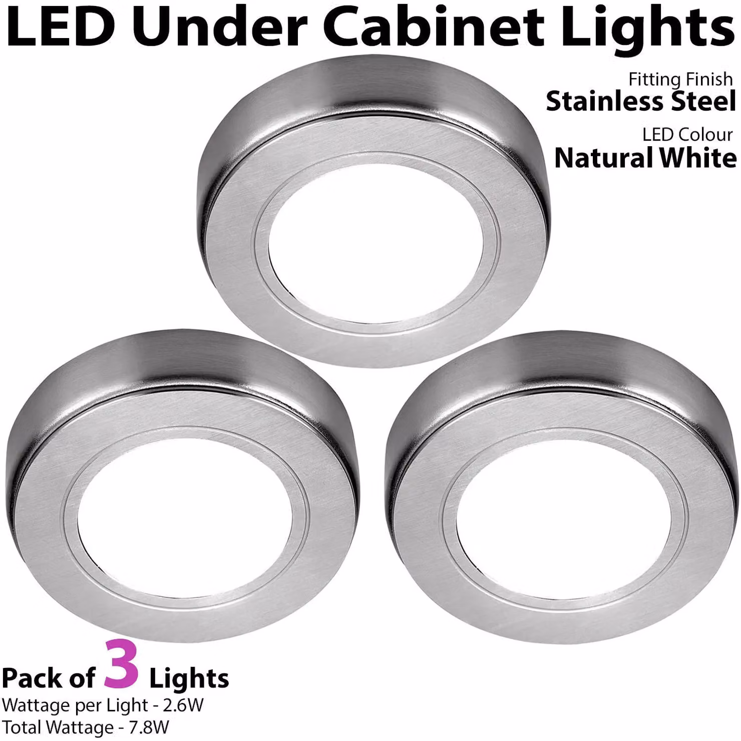 Loops 3-Pack Round Stainless Steel LED Under Cabinet Kitchen Lights with Driver Kit in Silver and Natural White – 2