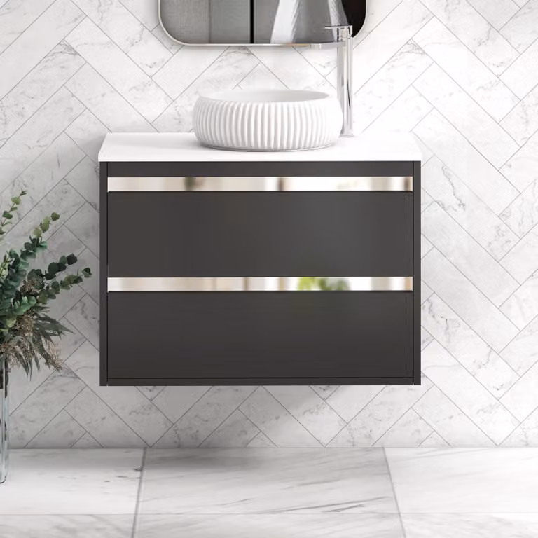 Royal Bathrooms Orion 800mm Wall Hung Vanity Unit in Matt Obsidian Black with White Milan Basin and Chrome Accent Trim
