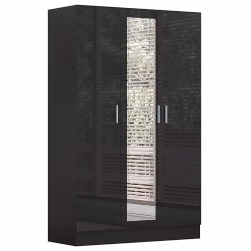 Reflect Modern Bedroom Furniture Set in Black Gloss and Black Oak Finish, including 3 Door Mirror Wardrobe, 5 Drawer Tallboy Chest and Bedside Table – 3