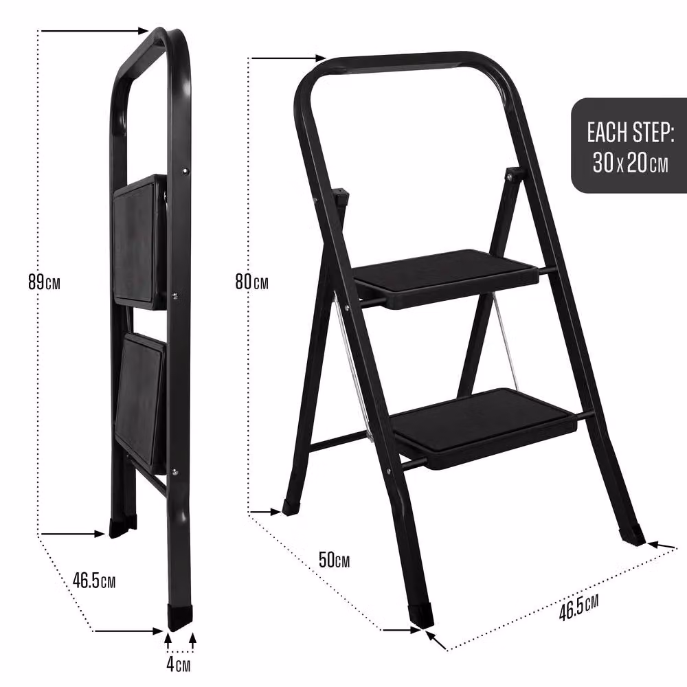 Futura 2 Step Black Heavy-Duty Steel Folding Step Ladder with Rubber Feet – 7