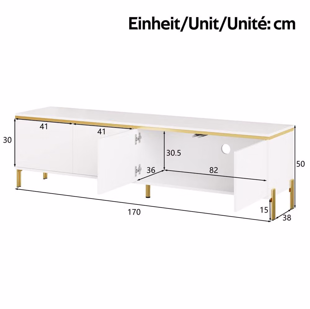 STILVORA White and Gold Glossy Minimalist TV Stand with 4 Doors and Media Compartments – 4