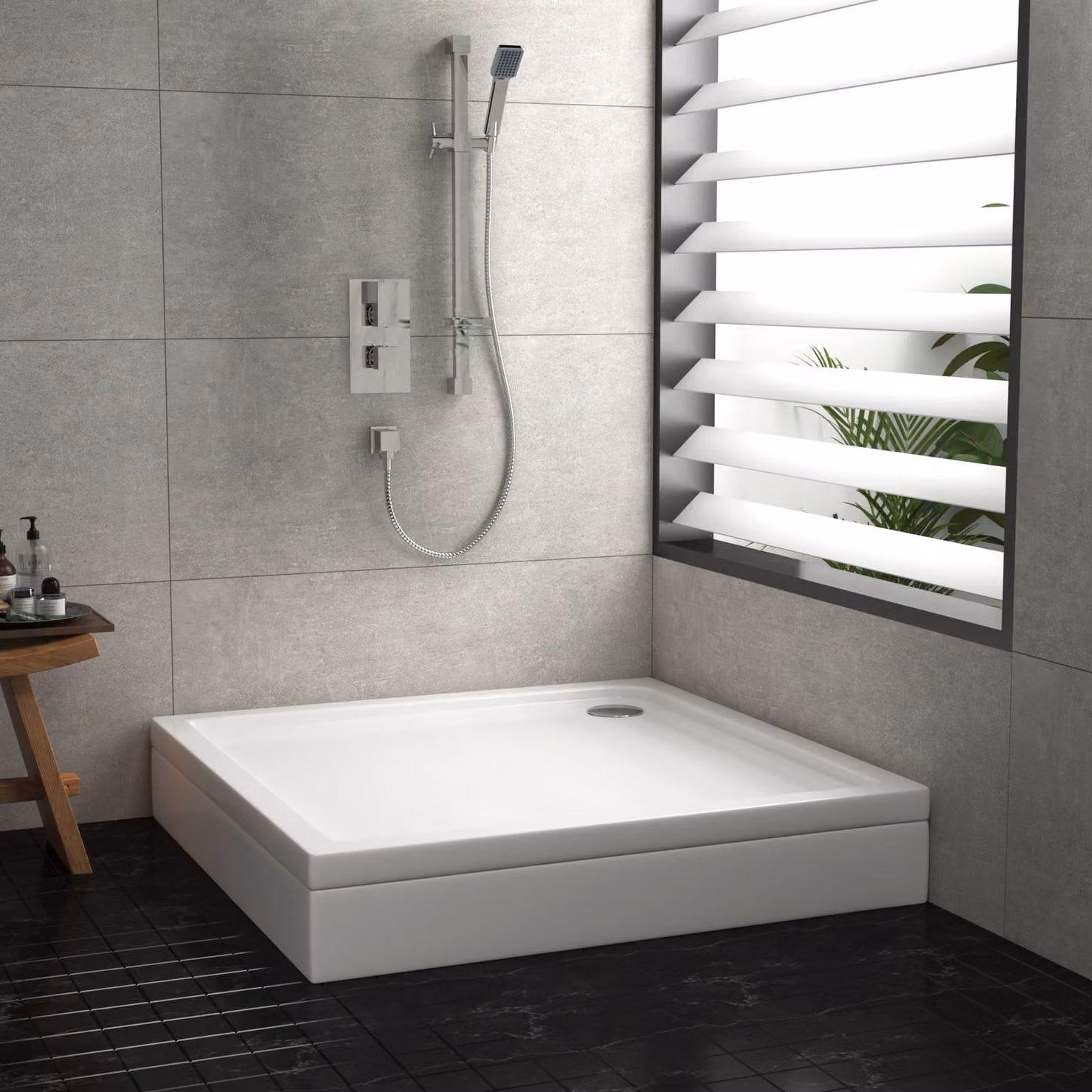 Hudson Reed Square Pearlstone Shower Tray with Riser Kit, White, W/D/H: 90 x 90 x 4 cm