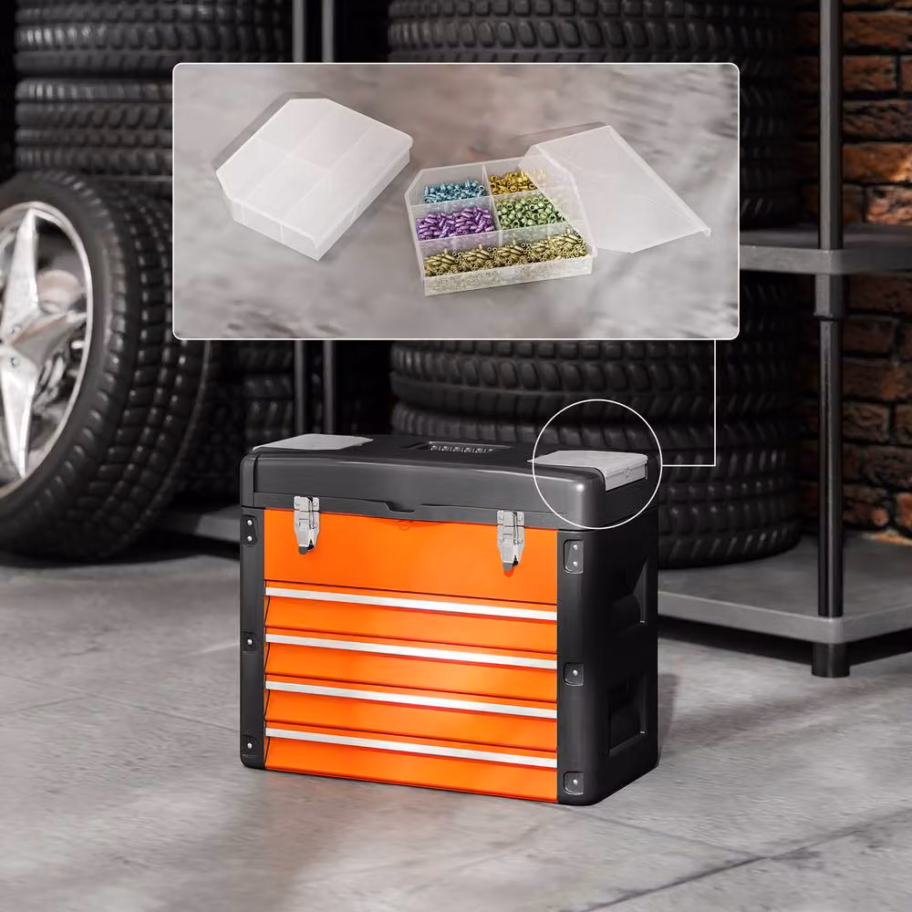 STILVORA 4 Drawer Toolbox with Removable Top Tray and Inserts, Orange – 6