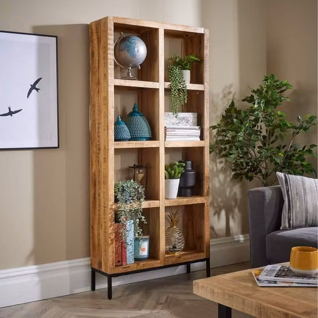 Home Source Stockton 8 Shelf Mango Wood and Metal Bookcase in Natural Brown and Black