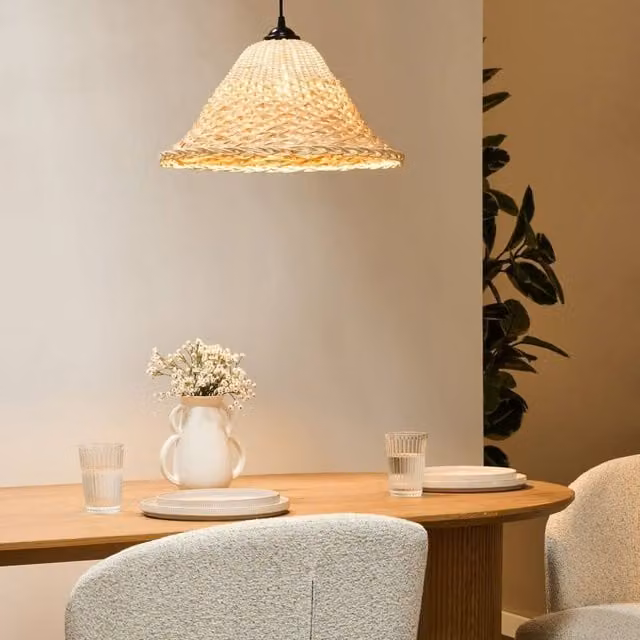 Wyld and Coco Boho Woven Pendant Lamp in Natural Bamboo and Rattan with Wood Accents in Beige and Brown