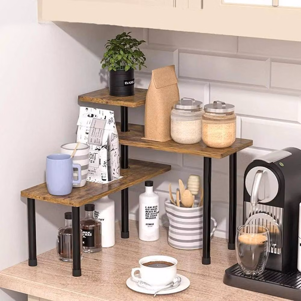 KORVIXA 3 Tier Kitchen Corner Shelf Countertop Organizer Rack, Brown, W/D/H: 100 x 100 x 38 cm – 2