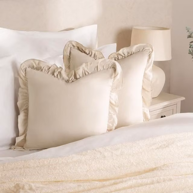 Highams Range Pack of 2 Square Plain Frill Cushion Covers in Beige and Yellow