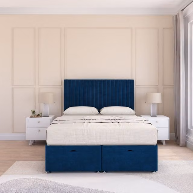Sloomy Manhattan Navy Blue Plush Fabric Ottoman Bed with Sprung Memory Mattress and 26 Inch Headboard, Size: Single (W/D/H: 90 x 190 cm)