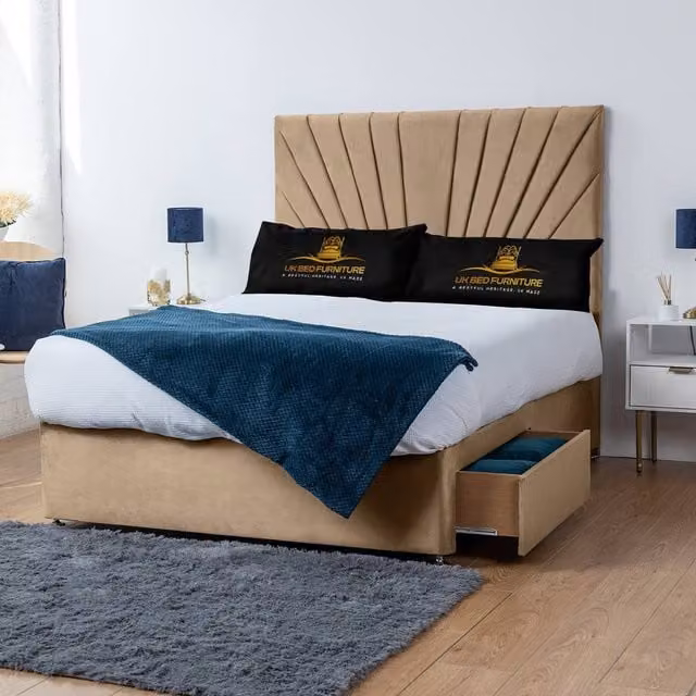 UK Bed Furniture Sunrise Divan Bed with 4 Drawers and 26 Inch Headboard, Beige, Super King, W/D/H: 200 x 200 cm
