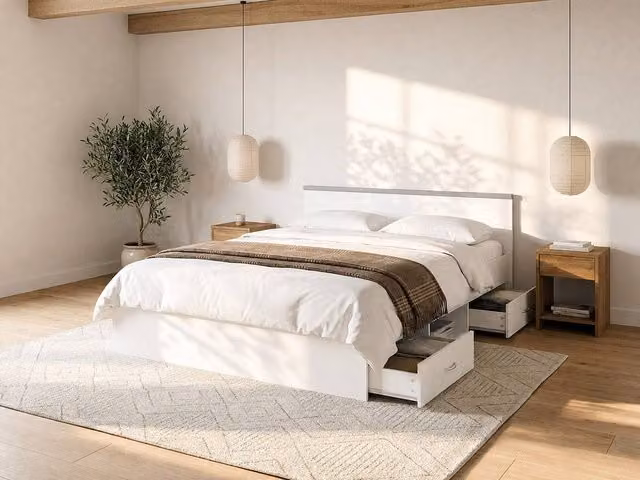 Vente-unique Double Bed with Storage, 2 Drawers and 1 Compartment, White, W/D/H: 140 x 190 x 35 cm