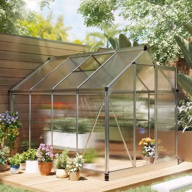 Outsunny Aluminium and Polycarbonate Walk-In Garden Greenhouse with Sliding Doors in Silver