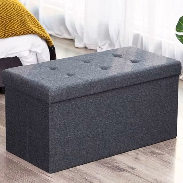 PAWNORA Grey Linen Upholstered Ottoman Storage Seat Stool, W/D/H: 76 x 38 x 38 cm