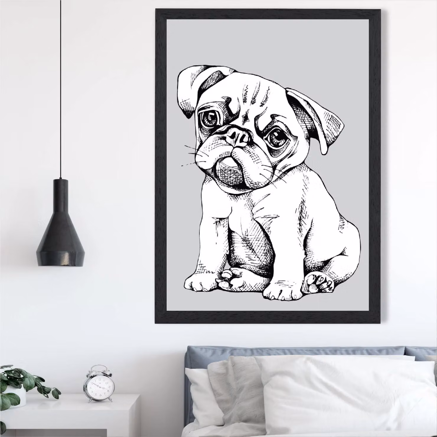 ARTZE Sketch Pug Dog Illustration on Light Grey Paper with Black Frame, A3 – 2