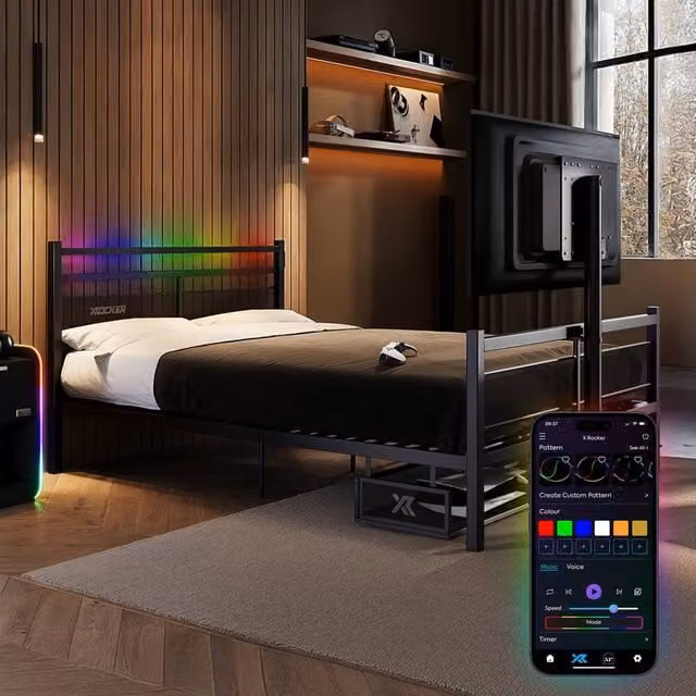X Rocker Basecamp RGB Gaming TV Bed with App Controlled LED Lighting in Black, Size: Double (140 x 200 cm)