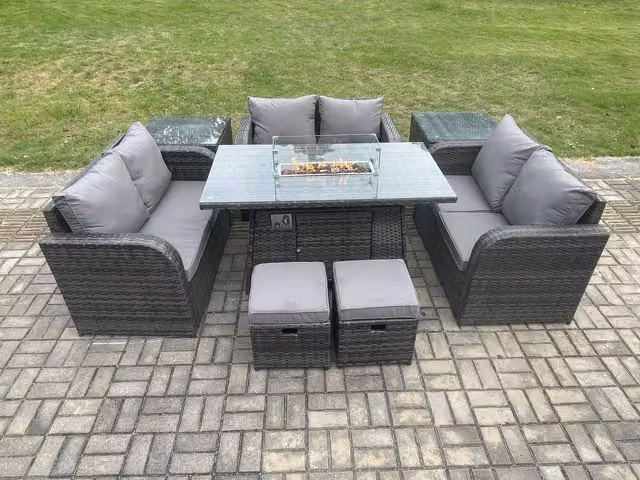 Fimous 8 Seater Outdoor Rattan Garden Dining Set with Gas Fire Pit Table, Side Table, Love Sofa and 2 Small Footstools in Dark Grey
