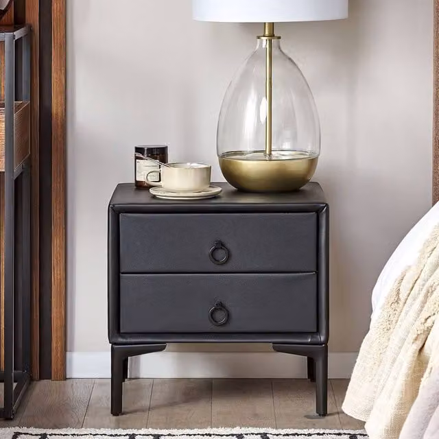 Wyld and Coco Black PU Leather Two Drawer Bedside Table, W: 44 cm, D: 38 cm, H: 44 cm – 1