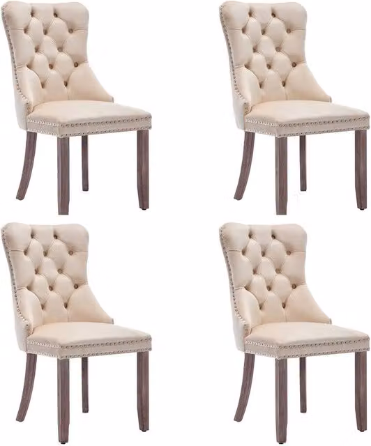 Merax Set of 4 Beige Velvet Button Tufted Dining Chairs with Rubberwood Legs – 1