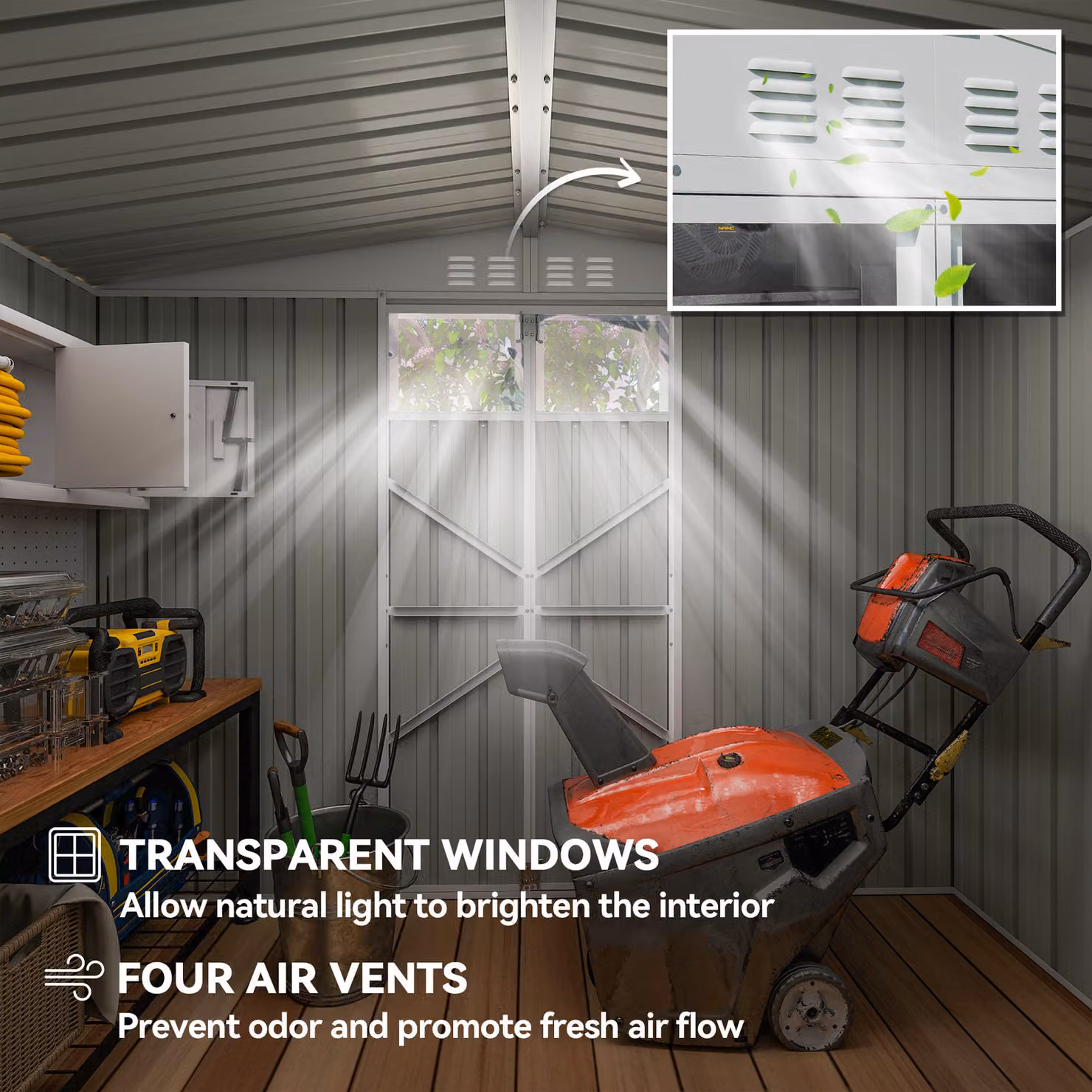 Outsunny Metal Garden Storage Shed with Window and Lockable Double Doors, Light Grey, W/D/H: 243.84 x 121.92 x 180 cm – 4